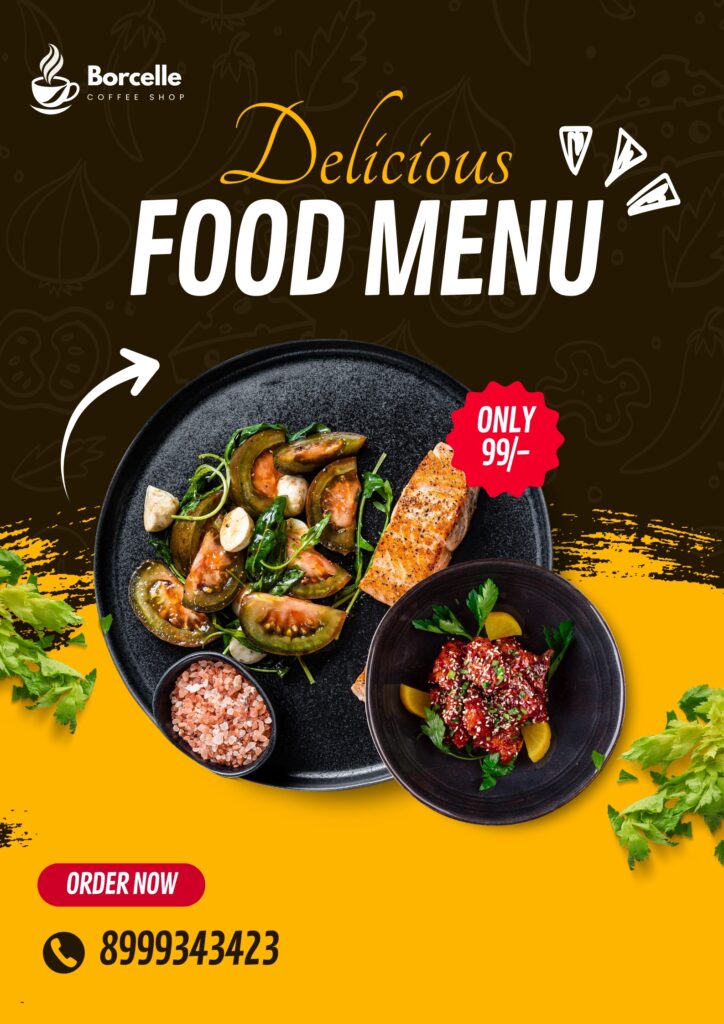 brown and yellow modern delicious food menu poster